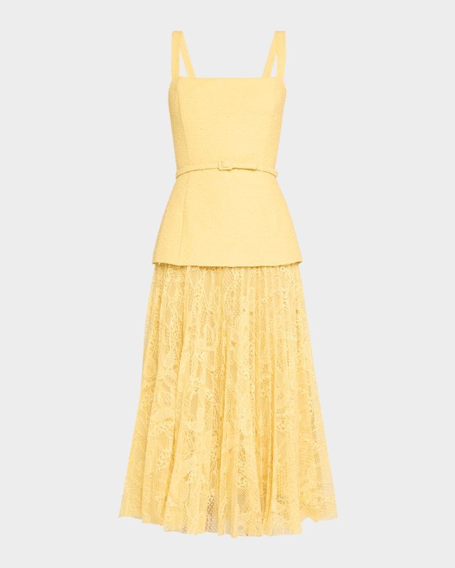 Square-Neck Tweed and Pleated Lace Midi Dress